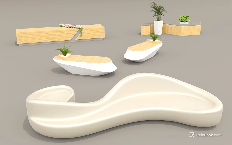 Modern Public Chairs In Various Shapes With White And Wooden Elements And Plants 3d model 