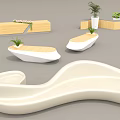 Modern Public Chairs In Various Shapes With White And Wooden Elements And Plants