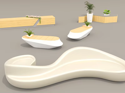 Modern Public Chairs In Various Shapes With White And Wooden Elements And Plants 3d model