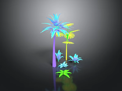 Colorful Tropical Palm Trees With Small Green Plants On Dark Background Reflection 3d model