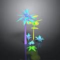 Colorful Tropical Palm Trees With Small Green Plants On Dark Background Reflection