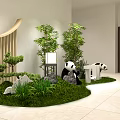 Charming Mini Garden Landscape with Panda Statues Green Plants Grass Stones and Lamp