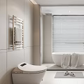 Modern Bathroom Interior Design With White Bathtub Towels Toilet Mirror And Blinds