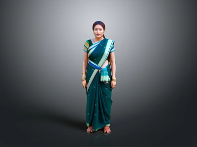 Woman In Green Saree With Blue Yellow Accents And Bangles Against Grey Background 3d model