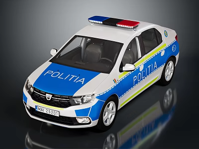 Police Function Car With POLITIA Logo Red Blue Lights White Blue Body Yellow Stripes 3d model