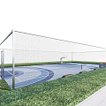 Basketball Court Design With Blue Surface Circular Patterns Fence And Grass Surroundings