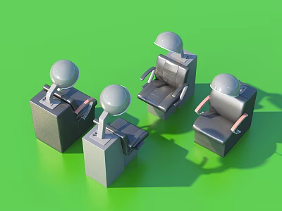 Four Gray Barber Chairs With Square Bases Round Hoods And Armrests On Green Background 3d model