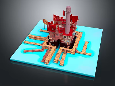 Cartoon Scene With Red Roof House Chimney And Wooden Walkway On Blue Platform 3d model