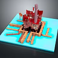 Cartoon Scene With Red Roof House Chimney And Wooden Walkway On Blue Platform