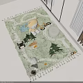 Green Shaped Rug With Cartoon Patterns And Tassels In Kids Room With Teddy Bear Stool