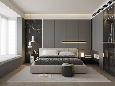 Modern Bedroom Interior With Gray Walls Wardrobe LED Strip And White Shutters 3d model