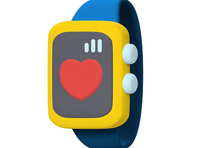 Smart Watch With Blue Strap Yellow Frame And Red Heart Health Metrics 3d model