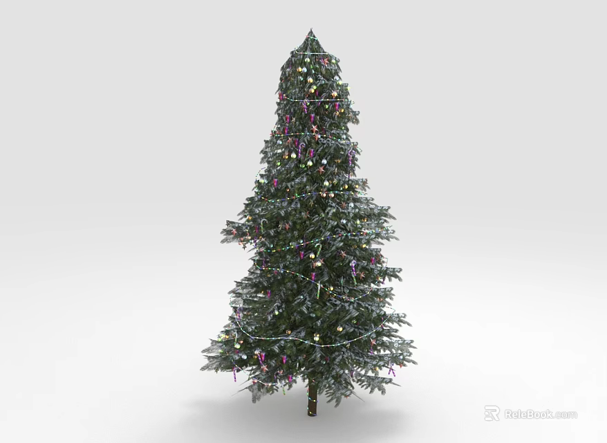 Green Pine Christmas Tree Decorated With Colorful Ornaments Lights And Snowy Accents 3d model 