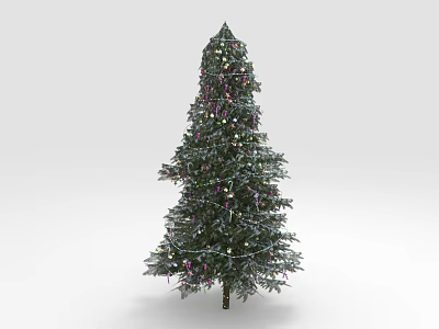 Green Pine Christmas Tree Decorated With Colorful Ornaments Lights And Snowy Accents 3d model
