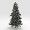 Green Pine Christmas Tree Decorated With Colorful Ornaments Lights And Snowy Accents