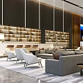Modern Sales Office Interior With Gray Sofas White Chairs Shelves And City View Display Screen