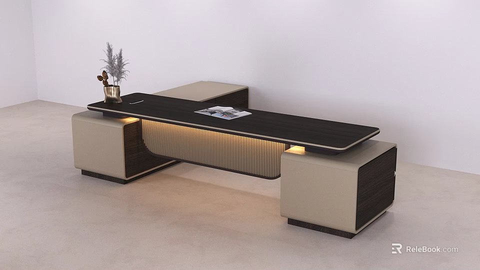 Modern Office Desk with Black Tabletop Beige Storage Units Vase Plants Magazine and LED Lights 3d model 