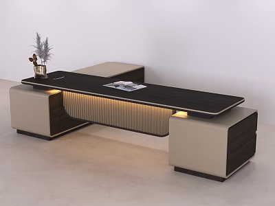 Modern Office Desk with Black Tabletop Beige Storage Units Vase Plants Magazine and LED Lights 3d model