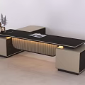 Modern Office Desk with Black Tabletop Beige Storage Units Vase Plants Magazine and LED Lights