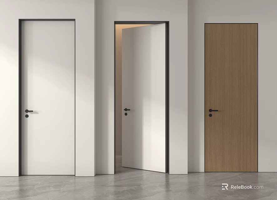 Modern Minimalist Hinged Doors White And Wood Grain With Black Frames Interior Design 3d model