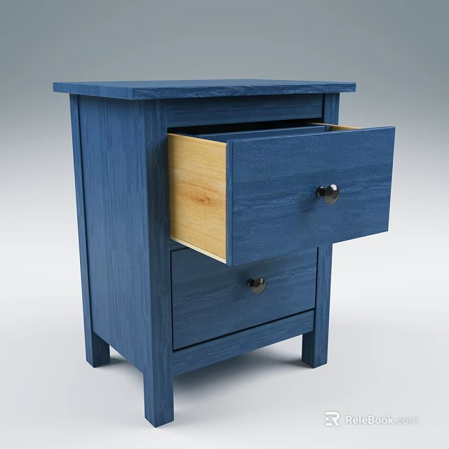 Blue Wooden Bedside Table With Two Drawers Open Top Drawer And Metal Knobs 3d model