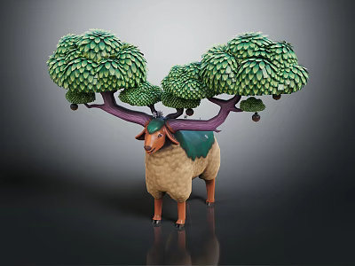 Enchanting Sheep Character With Tree Covered Purple Horns And Green Leafy Foliage 3d model