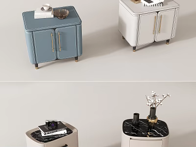 Modern Bedside Tables in Blue White with Marble Top and Decorative Items 3d model