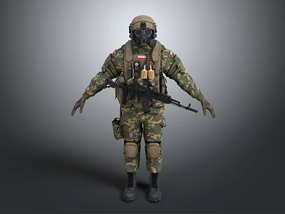 Realistic Game Movie Character In Camouflage Uniform With Gas Mask Rifle And Tactical Gear 3d model