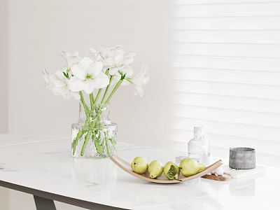 White Lilies in Transparent Vase on White Tabletop with Fruit Tray and Window Blinds 3d model