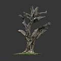 Dead Tree With Exposed Roots And Green Grass On Gray Background