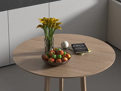 Fruit Bowl on Round Wooden Table With Yellow Calla Lilies Vase Notebook and Decorative Ball 3d model