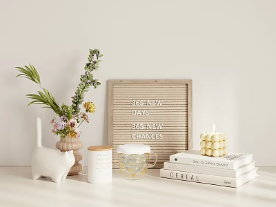 Cozy Tabletop Decorative Ornament Set With White Cat Figurine Greenery Vase Corkboard Candle Books 3d model