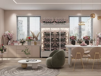Modern Flower Boutique Store With Flower Wall Multi layer Rack Bouquets And Chairs Decor 3d model