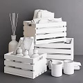 Household Washing Essentials Organized In Wooden Crates With Bottles Towels Candles And Reed Diffuser