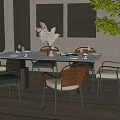Modern Dining Table Set with Marble Top Woven Back Chairs and Decorative Wall Art 3d model