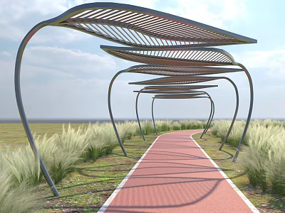 Modern Curved Metal Pergola with Leaf Shaped Roof Along Red Pathway and Green Grass 3d model