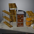 Assorted Furniture Collection With Wooden Shelves Metal Frame Cabinet And Barrels