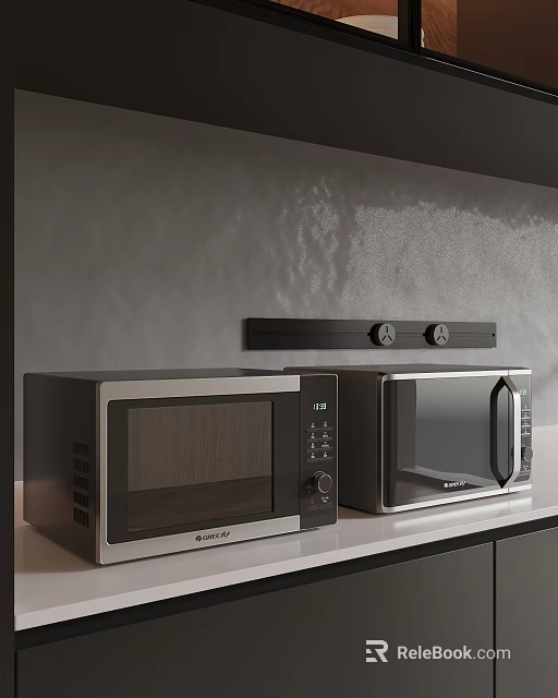 Modern Kitchen With Two Microwaves On Countertop Against Gray Wall And Black Shelf 3d model 