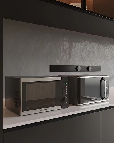 Modern Kitchen With Two Microwaves On Countertop Against Gray Wall And Black Shelf 3d model