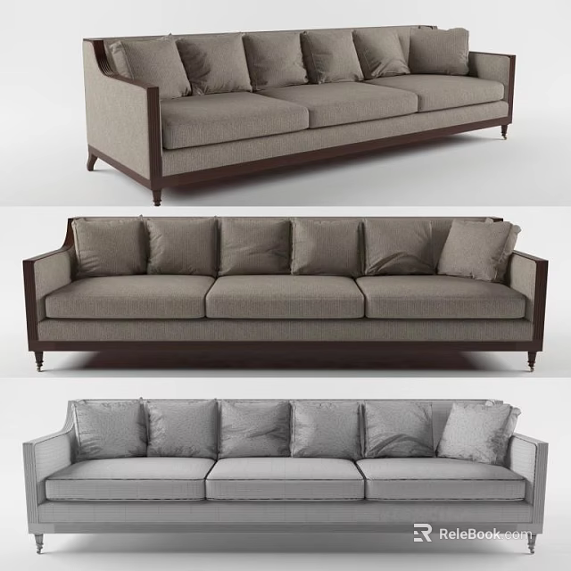 Stylish Three Seater Sofa with Grey Fabric Upholstery and Wooden Frame Details 3d model 