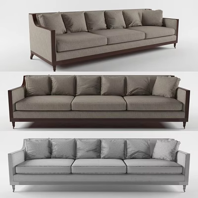 Stylish Three Seater Sofa with Grey Fabric Upholstery and Wooden Frame Details 3d model