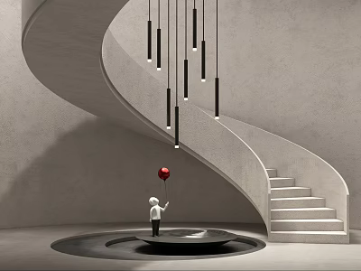 Spiral Staircase Design with Gray Walls Hanging Lights and Little Boy Holding Red Balloon 3d model