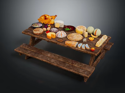 Wooden Picnic Table With Assorted Food Including Roast Chicken Cheese Fruits And Breads 3d model