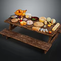 Wooden Picnic Table With Assorted Food Including Roast Chicken Cheese Fruits And Breads