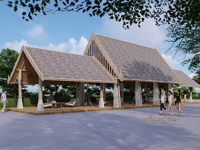 Wooden Pavilion With Gabled Roof Rest Area Surrounded by Trees and People 3d model