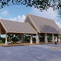 Wooden Pavilion With Gabled Roof Rest Area Surrounded by Trees and People