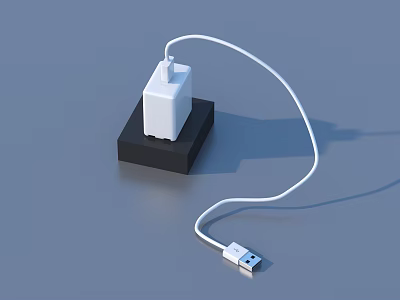 White USB Charger With Cable On Black Base For Electronic Devices 3d model