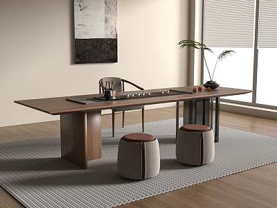 Modern Wooden Tea Table and Chairs with Stools Potted Plant and Sunlit Window 3d model