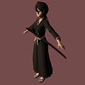 3D Anime Character in Black Kimono with Brown Belt and Sword on Simple Brown Background