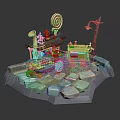 Cartoon Candy Shop Scene With Lollipop Street Lamp And Red Car
